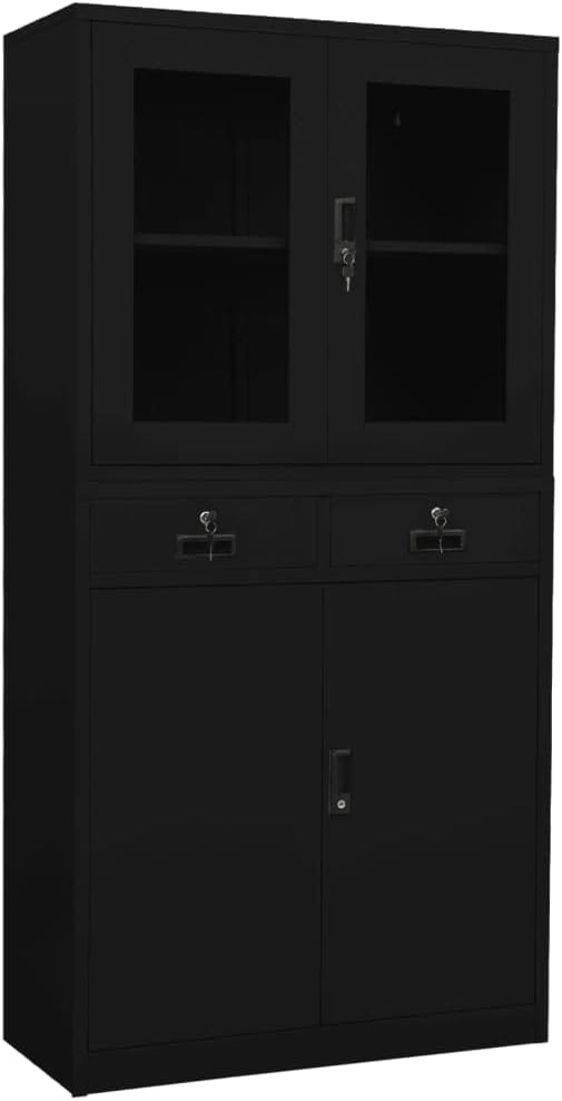 Modern Office Cabinet, Tall Free Standing Storage Cabinet with 4 Drawers 2 Tempered Glass Doors, Storage Organizer for Living Room Hallway Light Gray 35.4"x15.7"x70.9" Steel