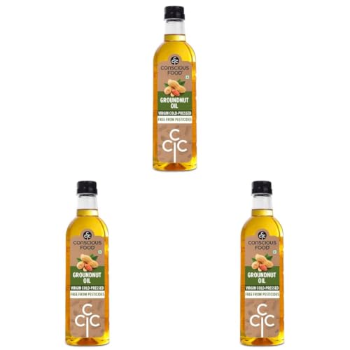 Image of Conscious Food Cold Pressed Groundnut Oil |1 liter | Peanut Oil | Natural | Cooking Oil | Kolhu /Kacchi Ghani /Chekku | Mungfali tel | PET bottle (Pack of 3)