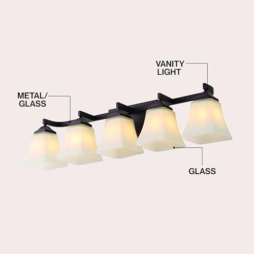 Image of JONATHAN Y 32.5 inch Oil Rubbed Bronze White 5-Light Metal Glass Rectangular Vanity Light Wall Sconce Traditional Transitional for Bathroom with Frosted Glass Shade Damp Rated LED Bulbs Included JYL7622A