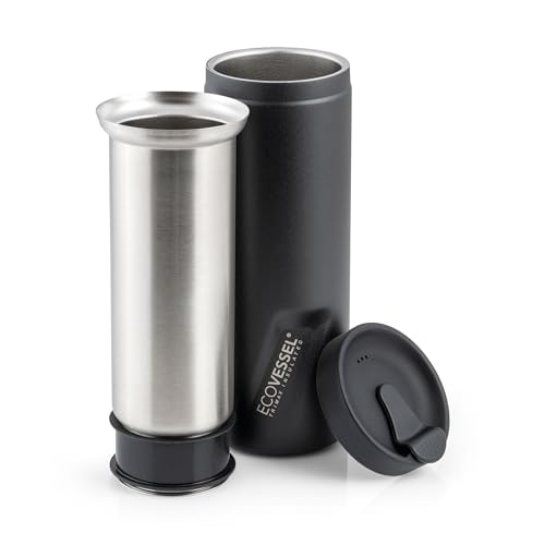 EcoVessel Travel French Press, Portable Coffee Maker, Stainless Steel Insulated Coffee Press, Reusable Single Serve Bottle for On-The-Go Use, 14oz (Black)