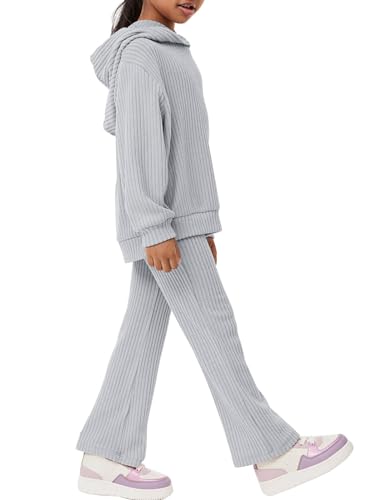 Image of Haloumoning Girls 2 Pieces Outfits Ribbed Knit Hoodies Flare Pants Sweatshirts and Sweatpants Kids Tracksuits 4-14 Years