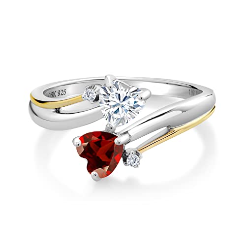 Gem Stone King 925 Silver And 10K Yellow Gold Customized Personalized Name Engraved 2-Stone Gemstone Birthstone And Lab Grown Diamond 2 Heart Promise Women Couple Engagement Mother Ring (Size 7) #TOP2