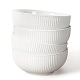 Artena Ceramic Cereal Bowls 26 oz, Embossment Soup Bowls Set of 4, White Salad Bowl for Kitchen, Dinner, Breakfast, Oatmeal, Rice, Pasta, Dishwasher Microwave Safe Bowls (Stripes)