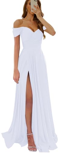 Women's Off The Shoulder Bridesmaid Dresses with Slit Satin Formal Gowns Long Prom Evening Party Dress with Pockets
