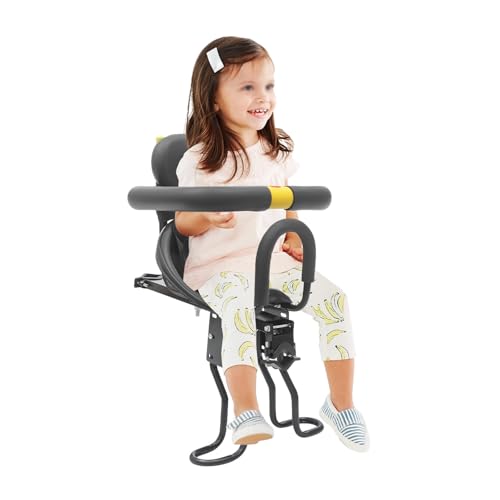 Asiento infantil para bicicleta, asiento delantero con mano corriente, con cinturones de seguridad y protector en U, ajustable, capacidad de carga 35 kg, adecuado para bebés de 1 a 5 años y es
