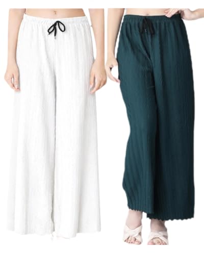 Image of Pack of 2 Women Palazzo Pants | Wide Leg Loose Fit | Combo Pack | Free Size | Stretchable Waist | Casual Wear, Office Wear, Home Wear Palazzo