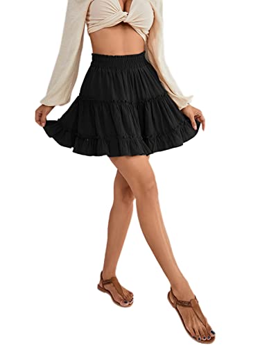 Lyaner 18-LYSK72223281BK1-M Women'S Elastic Waist Pleated Layered Ruffle Hem Flowy A Line Short Skirt Black2 Medium thumb #3