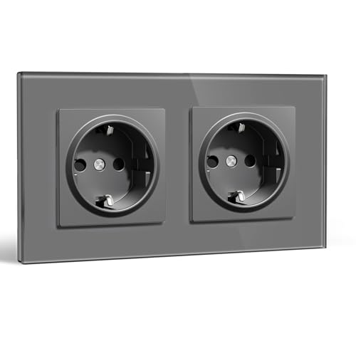 BSEEDLIFE Enchufe Pared,Enchufe Doble Pared Empotrable Estándar con Cristal,157 * 86mm 2 Gang 16A,Toma de Corriente,Fácil Instalación,Gris