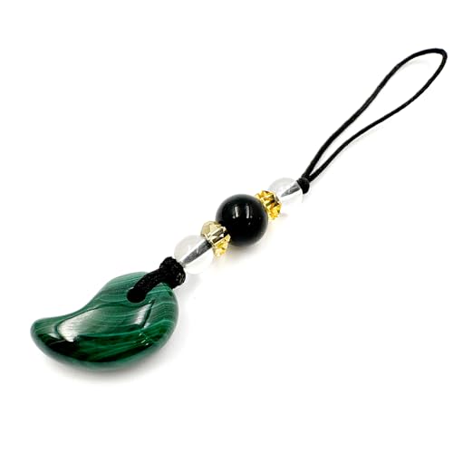 [幸福の石] 魔除け の ストラップ マラカイト 勾玉 ＆ オニキス 天然石 パワーストーン