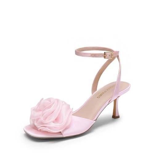 DREAM PAIRS Women's Low Kitten Wedding Heels Ankle Strap Square Toe Heeled Sandals Flower Dress Shoes 7 Pink