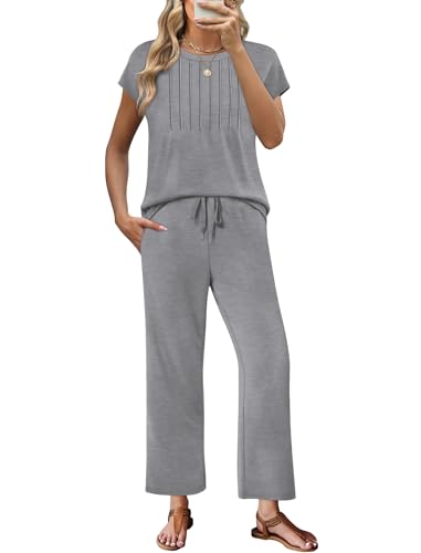 Image of Sampeel Two Piece Sets for Women Summer Vacation Outfits Cap Sleeve Tops Lounge Matching Sets Women Clothing