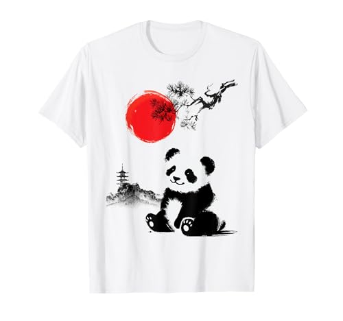 Arte Japonés Sumi-e Panda con Sol Rojo Minimalista Camiseta