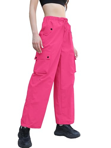 Image of Betusline Girls & Women's High Waist Wide Leg Cargo Pants Y2K Parachute Pants with Pockets and Drawstring 6 Years-Women 2XL