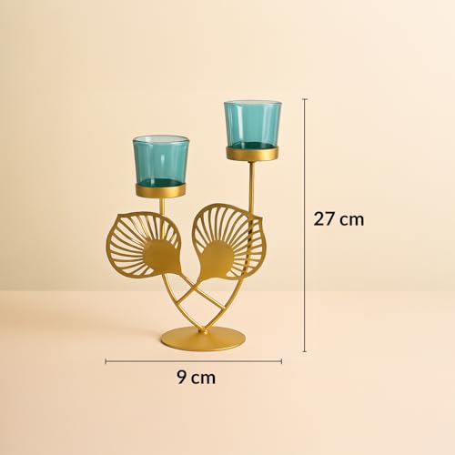 Image of MARKET 99 Metal+Glass 2 Votive T-Light Holder Leaf Shape | Decorative Candle Holder for Diwali, Christmas, Birthday & Wedding | Elegant Home Decor Accent for Festive & Ambient Lighting | Golden & Blue