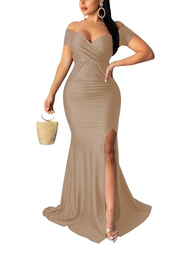 Image of Fooullaide Women Sexy Off Shoulder Elegant V Neck Wrap Formal Evening Gowns | Bodycon, Floor Length, High Split Mermaid Maxi Dress, Stretchy, Prom, Wedding Guest, Cocktail Bridesmaid Wear
