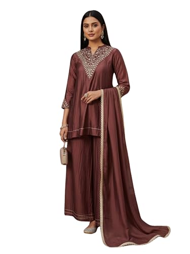 Image of MOKOSH Women's Silk Embroidery Kurta Sharara with Dupatta | Kurta Set | Embroidered |Indian Kurta Outfit with Sharara | 3 Piece Outfit |Straight Ethnic Suit 4 Colour Options Available