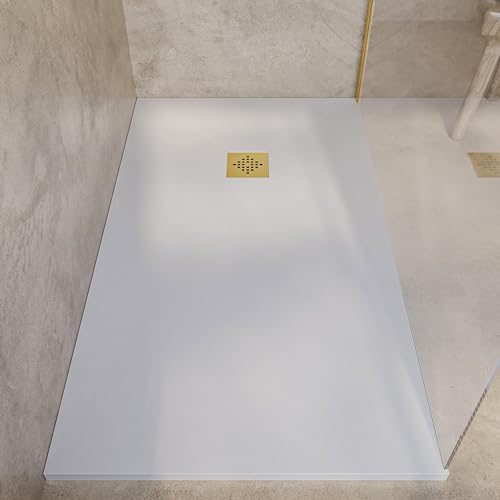 SOULBATH Plato de Ducha - Resina - Gel Coat - Textura Liso/Piedra - Antideslizante - Color Blanco Roto - 150x100- Extraplano 3cm. Incluye Válvula de desagüe - REJILLA GOLD