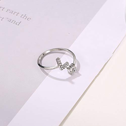 Image of HUJUON Silver Initial Letter Ring for Women. Adjustable Crystal Alphabet Ring,Name Initials Stackable Knuckle Rings A-Z CZ Open Ring