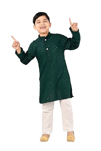 Image of Traditiona Kurta with White Pajama Set, Kids Ethnic Wear, Cotton Blend