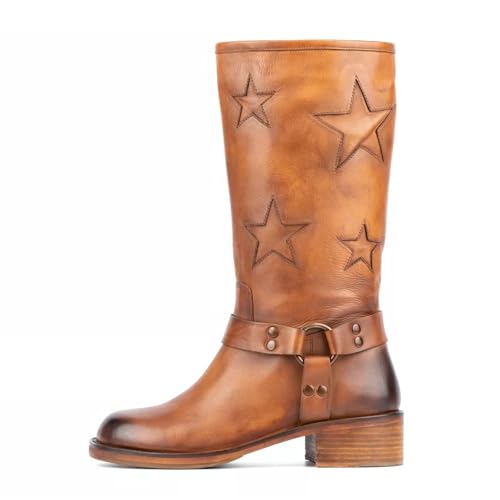 Image of Goolita Women's Buckle Biker Knee High Boots Square Toe Chunky Heel Star Moto Mid Calf Boots Slip On Motorcycle Riding Boot