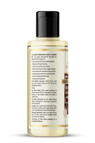 Image of Khadi Organique 100% Pure Cold Pressed Sweet Almond Oil for Hair, Skin & Nails | Rich in Vitamins A & E | Deeply Moisturizes, Repairs & Strengthens | Ideal for Massage & Daily Nourishment - 210 ml