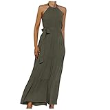 Abendkleid Damen Neckholder Ärmellos Langes Kleid Elegant Partykleid Einfarbiges Swing Kleid Sommerkleider Festliche Kleider Wickelkleid Cocktailkleid Stilvolles Bodenlang Volant Maxikleid