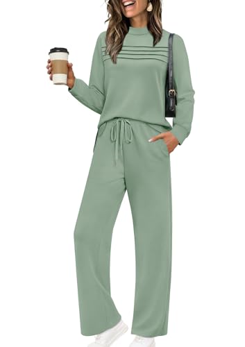 Image of WIHOLL Two Piece Sets for Women Fall Travel Vacation Outfits 2026 Long Sleeve Lounge Sets Side Slit Wide Leg Pants XS-3XL
