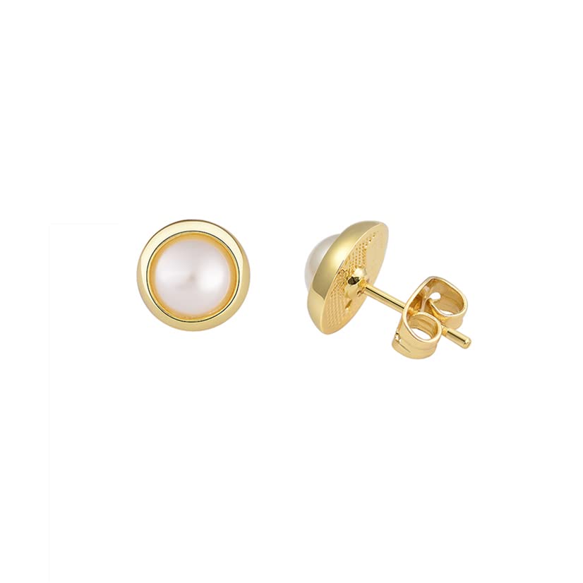14k Gold Plated Brass Bezel Simulated Pearl Stud Earrings