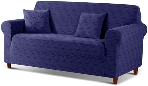 TAOCOCO Loveseat Sofa Cover, 1Piece Couch Cover for 2 Cushion Sofa Washable Loveseat Slipcover with 2PCS Throw Pillow Covers, Jacquard Furniture Protector for Pets Dog(2 Seater,Dark Blue)
