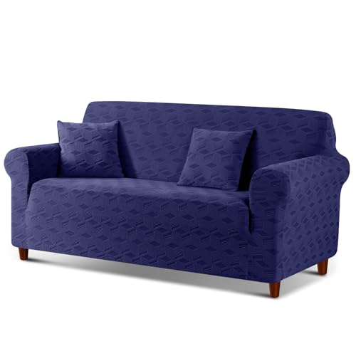 Image of TAOCOCO Loveseat Sofa Cover, 1Piece Couch Cover for 2 Cushion Sofa Washable Loveseat Slipcover with 2PCS Throw Pillow Covers, Jacquard Furniture Protector for Pets Dog(2 Seater,Dark Blue)