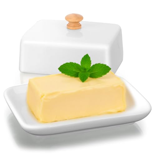 Vinato Mantequera Cerámica Mantequera de Porcelana con Tapa y Mango de Perilla, Platos de Mantequilla de Cerámica para 250 gr de Manteca