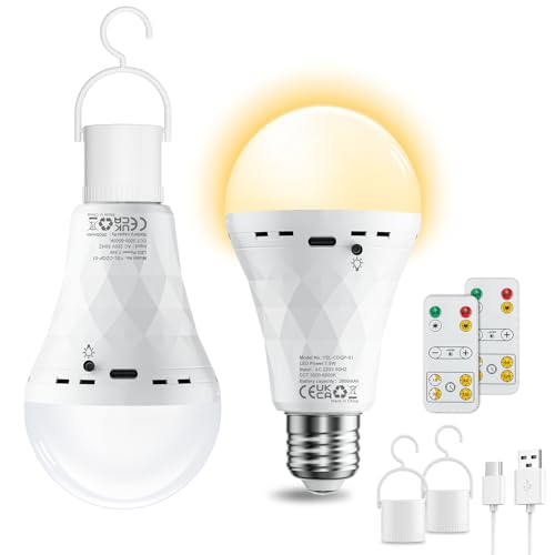 E27 LED Glühbirne 2Stück USB Rechargeable 2600mAh Lampe Warmweiss&Kaltweiss Dimmbar mit Fernbedienung,Timer Lampen E27-Sockel&Wiederaufladbare Dual-Purpose mit Haken für Tischlampe,Pendellampe,Camping