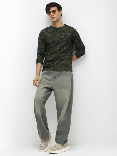 Image of Urbano Fashion Men's Olive Green, Khaki Military Camouflage Printed Slim Fit Full Sleeve Cotton T-Shirt