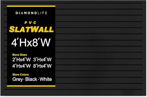 Slatwall Panel Garage Wall Organizer: Heavy Duty Wall Mounted PVC Wall Rack, Interlocking Slat Wall Paneling for Garage Wall Storage, Slatwall Board, Slatwall Shelves System -Black (4’H x 8’W)