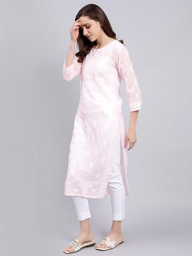 Image of Seva Chikan Hand Embroidered Lucknowi Chikankari Terivoil Cotton Regular Fit Straight Kurta for Women SCL4351