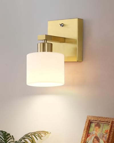 Image of LumiZhen 1-Light Modern Gold Bathroom Vanity Light, Wall Sconce with Matte White Glass Shades, Fits Over Mirror for Makeup, Bedroom, or Washroom