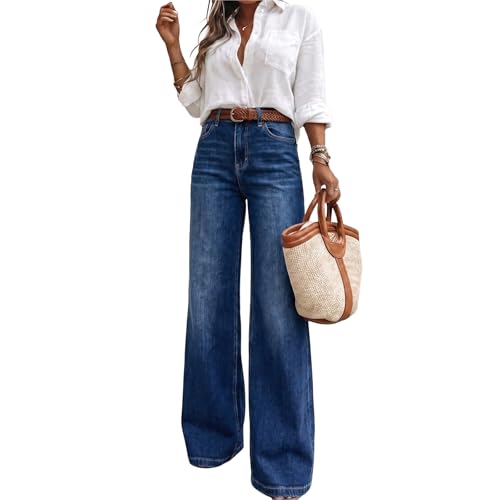 Bell Bottom Jeans for Women High Waisted Ripped Flare Denim Pants Long Inseam Light Stretch Blue Jeans