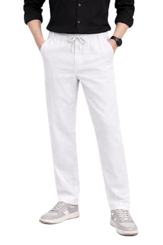 Image of Men's Linen Pants, White, Straight Fit, Elastic Waistband with Drawstring, Casual Trousers