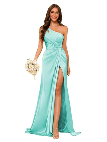 Image of vintys Women's One Shoulder Ruched Bridesmaid Dresses Long with Slit Satin Formal Prom Dress VS117