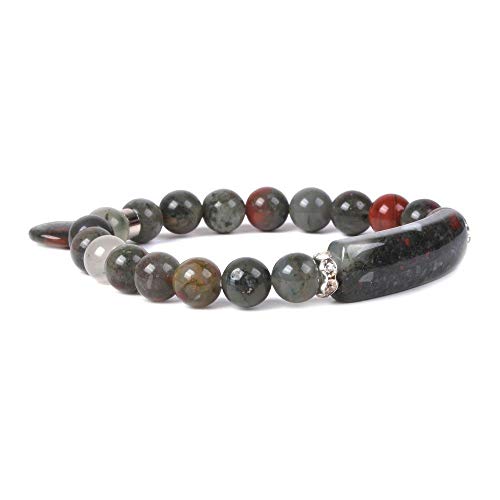 Natural African Bloodstone Gem Semi Precious Gemstone Love Heart Charm Stretch Bracelet
