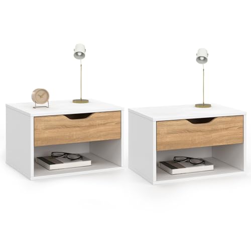 IDMarket Cathy - Juego de 2 mesitas de noche para pared, 1 cajón con nicho de haya y blanco