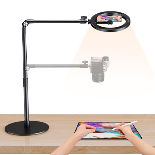 elitehood Overhead Phone Mount with Light for Video Recording, Adjustable Desk Ring Light with Stand and Phone Holder, Heavy Duty Overhead Camera Mount Tripod for iPhone Cooking Video, Filming Meeting