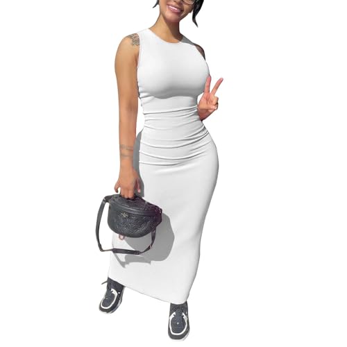 Image of PINSV Women's Sleeveless Crew Neck Bodycon Maxi Dress - Stretchy Form Fitting Long Dress for Casual Daily Party