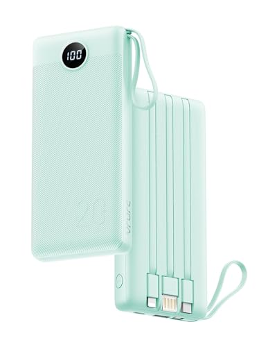 VRURC Caricatore Portatile 20000mAh, Power Bank Ricarica Rapida con Display LED, 4 Uscite 2 Ingressi USB C Cavi Integrati per iPhone 15/14/13/12/Pro/11, Android ecc-Verde