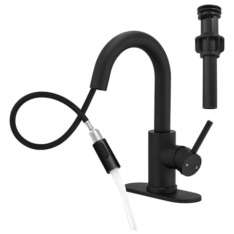 Black Bathroom Sink Faucet with Pull Out Sprayer for Sink 1 Hole,Bar Sink Faucet with Pop-Up Drain,Stainless Steel Single Handle Kitchen Faucet 360°Swivel Bathroom Faucets for Two Water Outlet Modes Cover