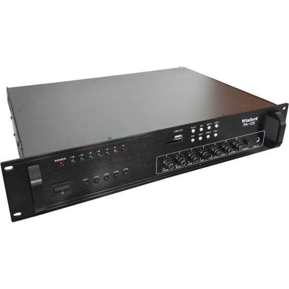 Amplificatore Audio Professionale 120W - Nero - 48 x 9 x 35,5 cm - 5 Canali 70V/100V/8 Ohm con Lettore USB/SD