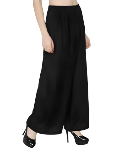 Image of FASHION GALLERY Women's Solid Rayon Palazzo Pants | Relaxed Fit Full Length Wide Leg Palazzo | Elastic Waist Comfortable Casual Lounge Office Ethnic Flared Trousers for Women
