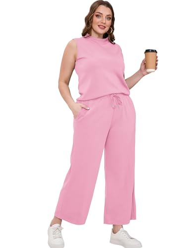 Image of SAMPEEL Two Piece Sets for Women Summer Outfits Lounge Sets Mock Neck Tops Wide Leg Crop Pants Vacation Travel Outfits