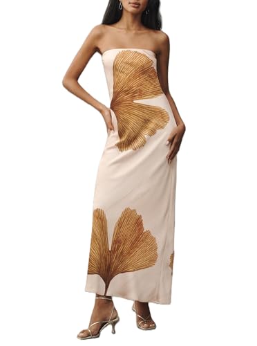 Image of Women Floral Strapless Maxi Dress Y2K Bodycon Tube Long Dresses Sexy Party Formal Cocktail Beach Slit Dress