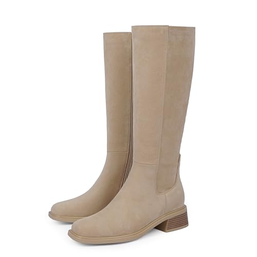 Image of QIY Knee High Boots for Women Low Heel Flat Tall Boots | Stretch Boots, Chunky Heel Womens Boots, Square Toe Heeled Fall Winter Dress Riding Long Boot with Side Zipper